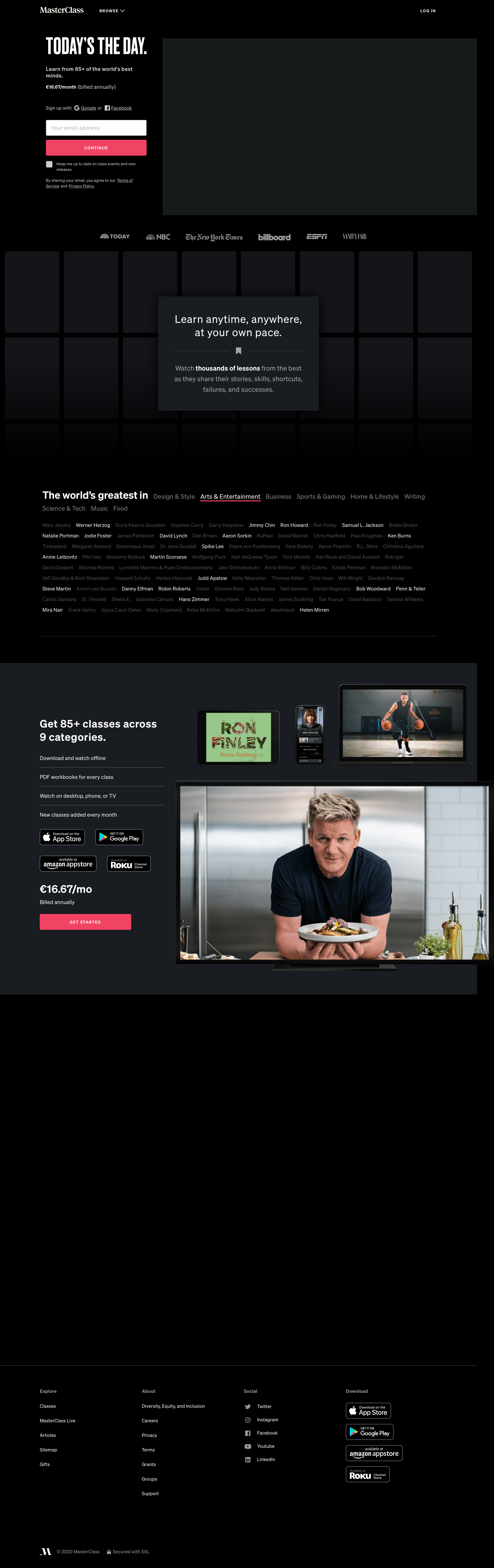 Masterclass - Landing page screen
