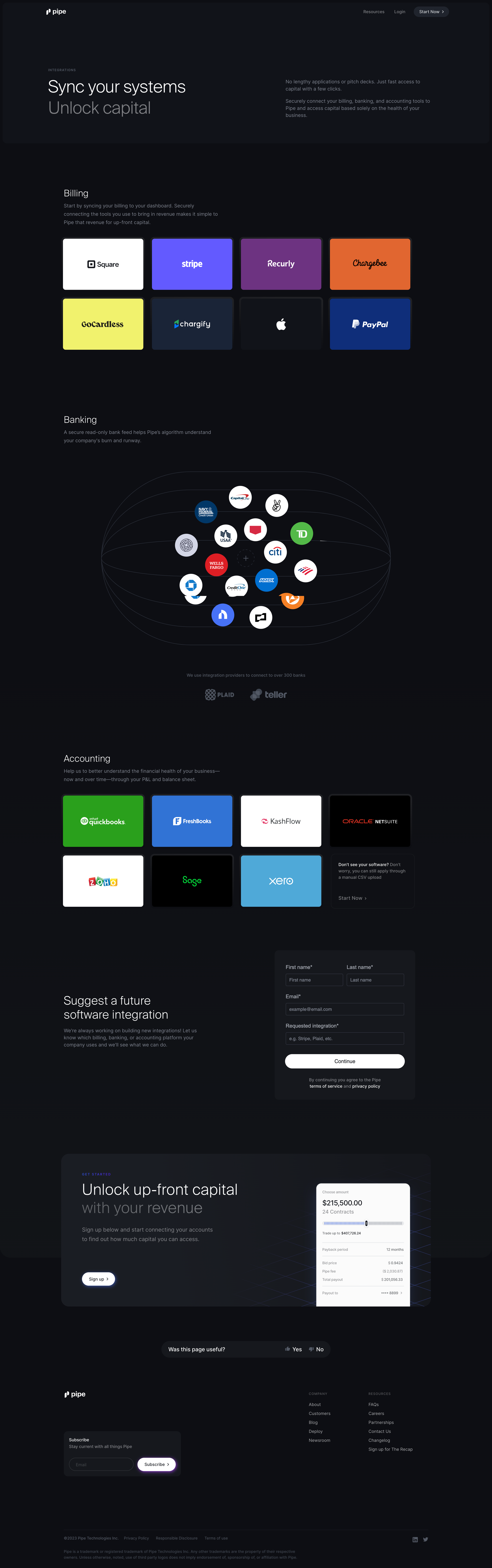 Pipe - Which billing, accounting, and banking apps work with Pipe screen
