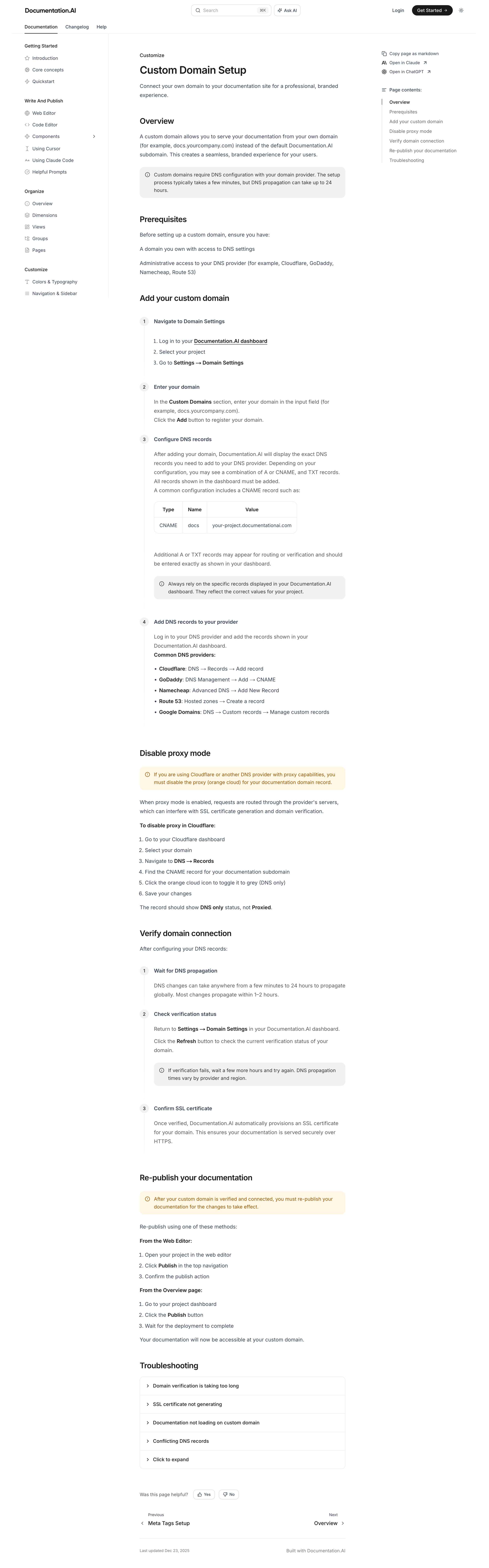Documentation.AI - Custom Domain Setup - Documentation.AI screen