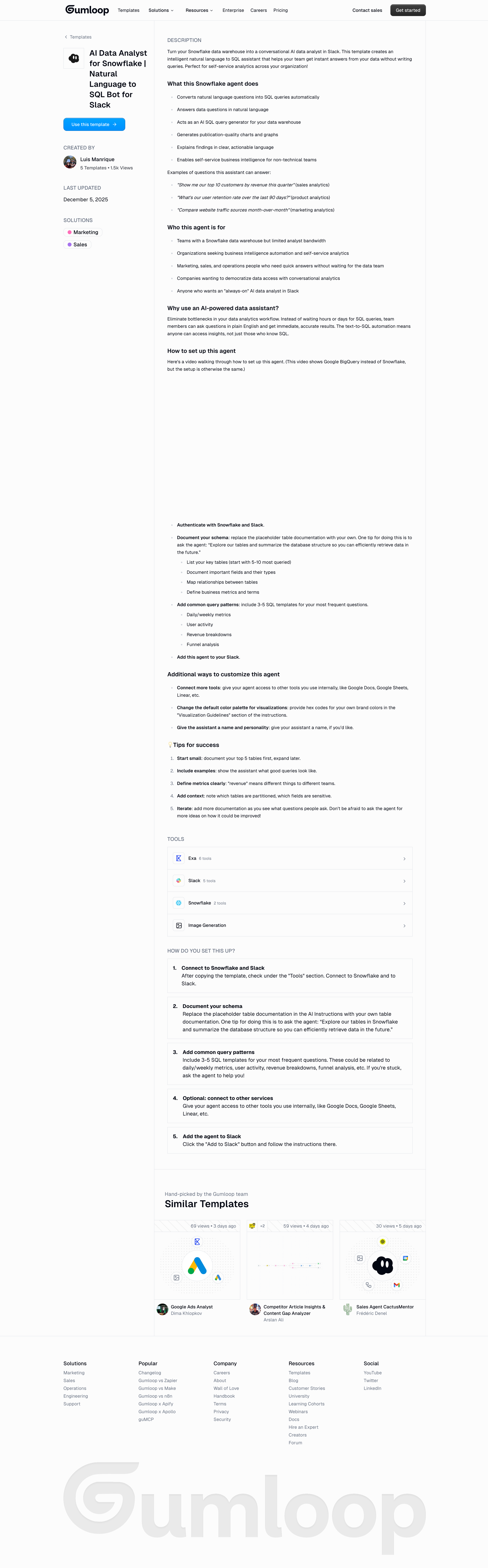 Gumloop - AI Data Analyst for Snowflake Natural Language to SQL Bot for Slack screen