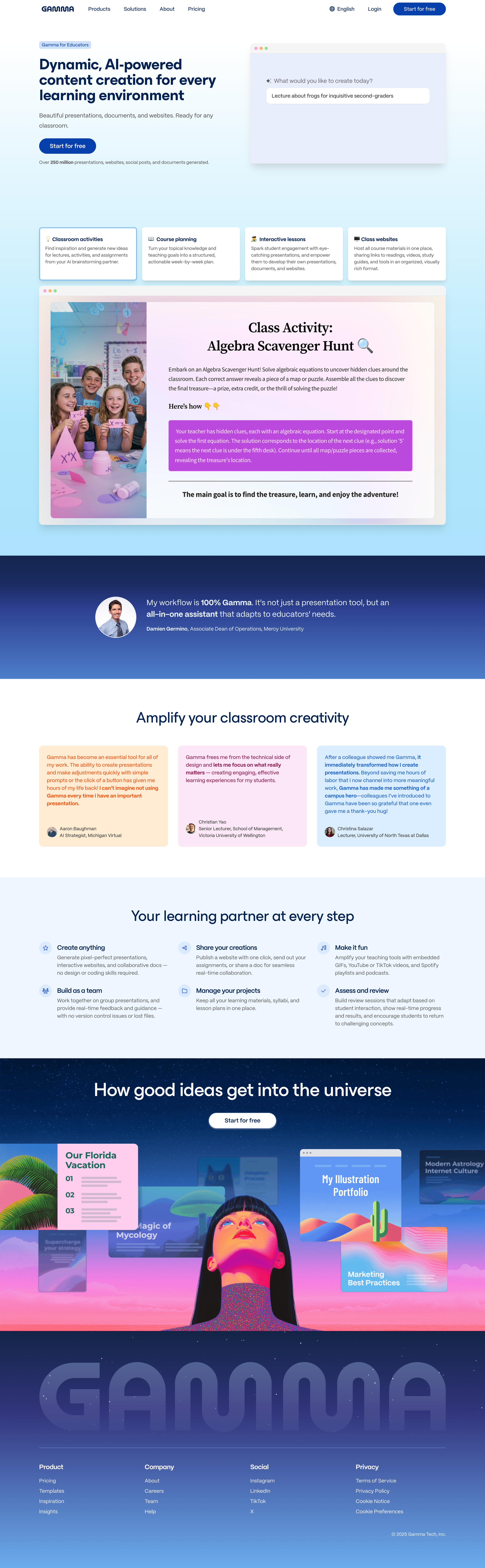 Gamma - Gamma for educators | Create engaging lessons materials with AI Gamma screen