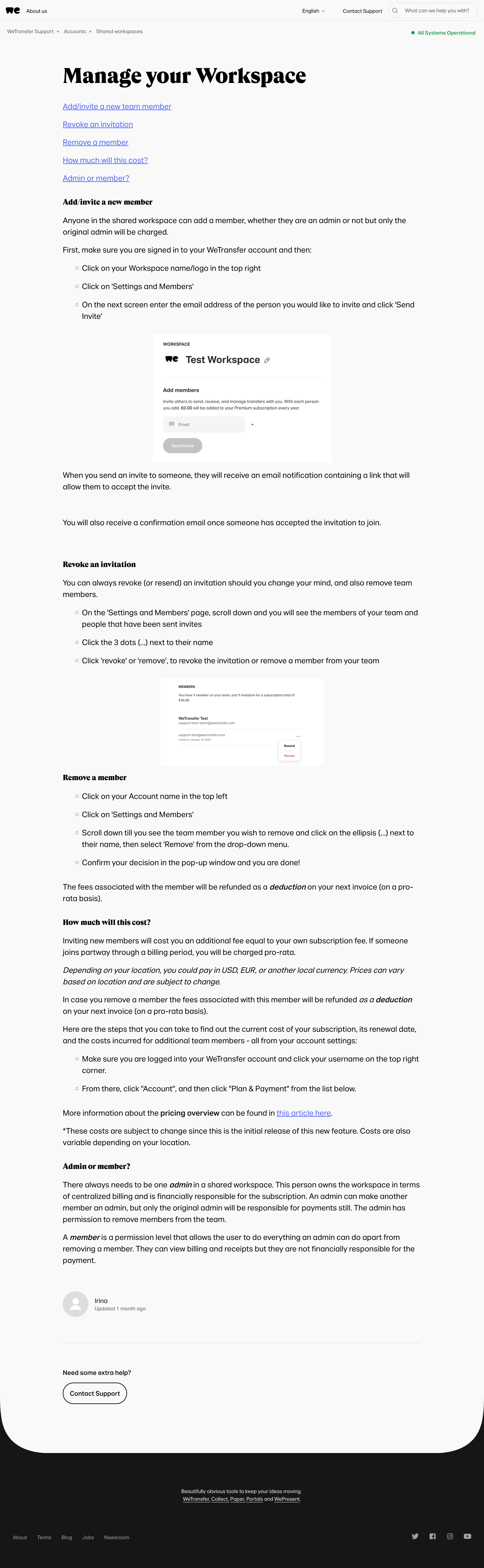 WeTransfer - Manage your Workspace – WeTransfer Support screen