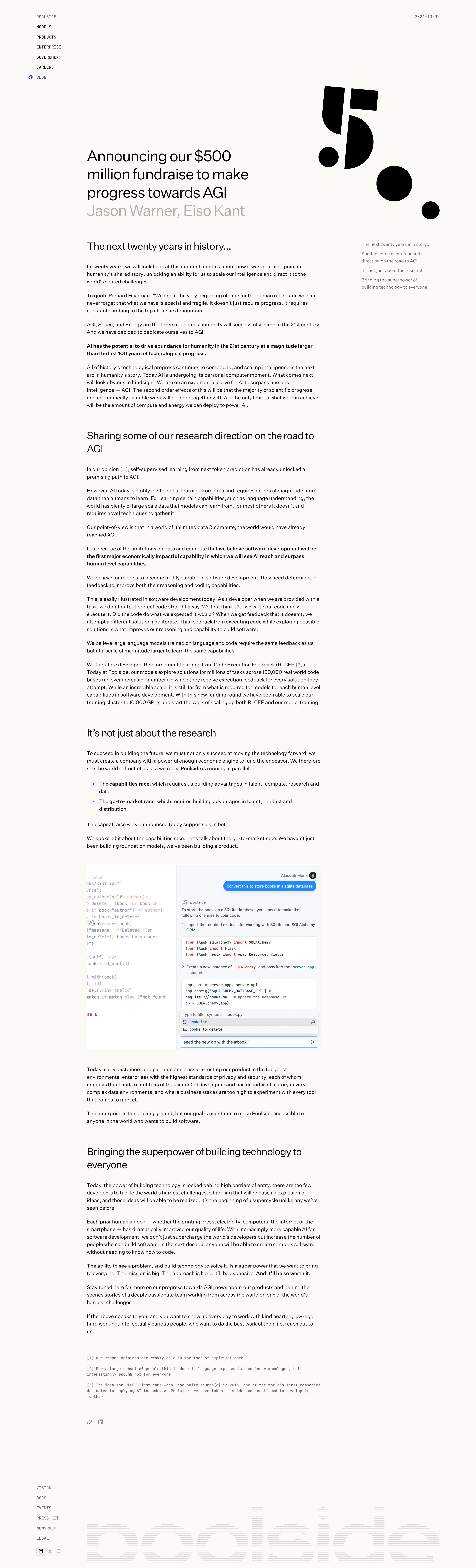 Poolside - Announcing our $500 million fundraise to make progress towards AGI — Poolside screen