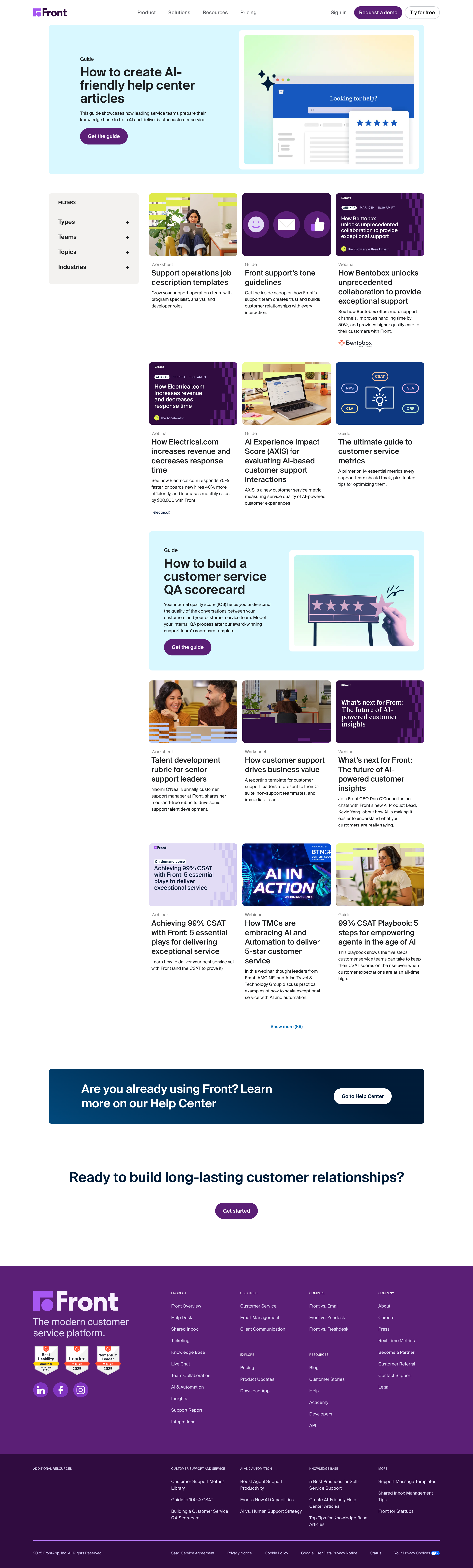 Front - Webinars, Ebooks and Guides | Front Resources screen