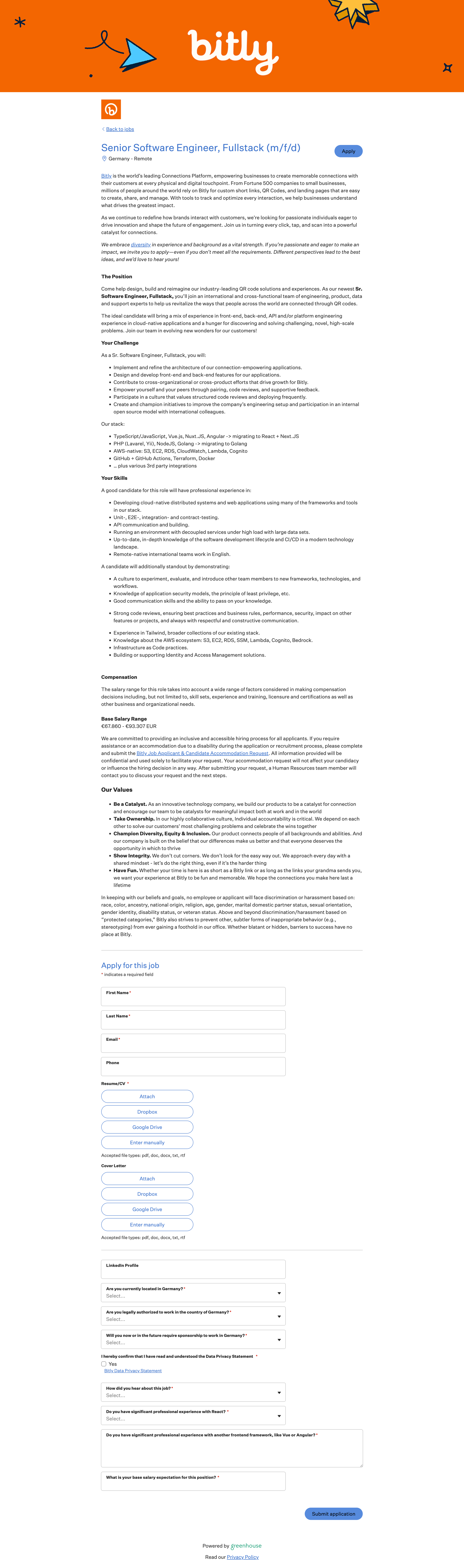 Bitly - Job Application for Senior Software Engineer, Fullstack (mfd) at Bitly screen