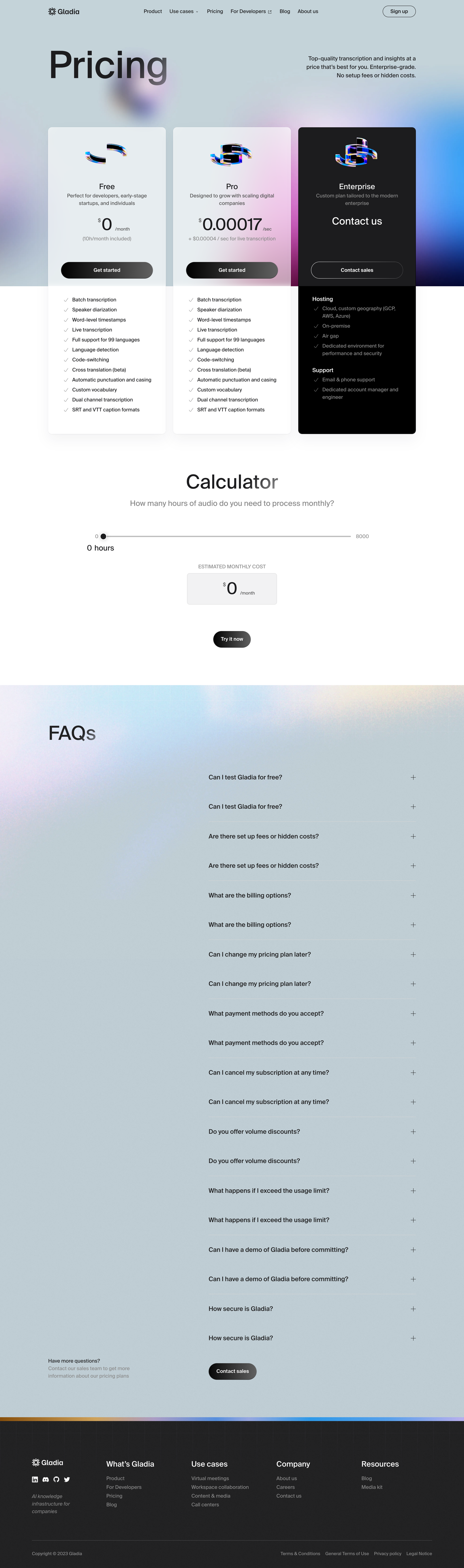 Gladia - Gladia - Pricing screen