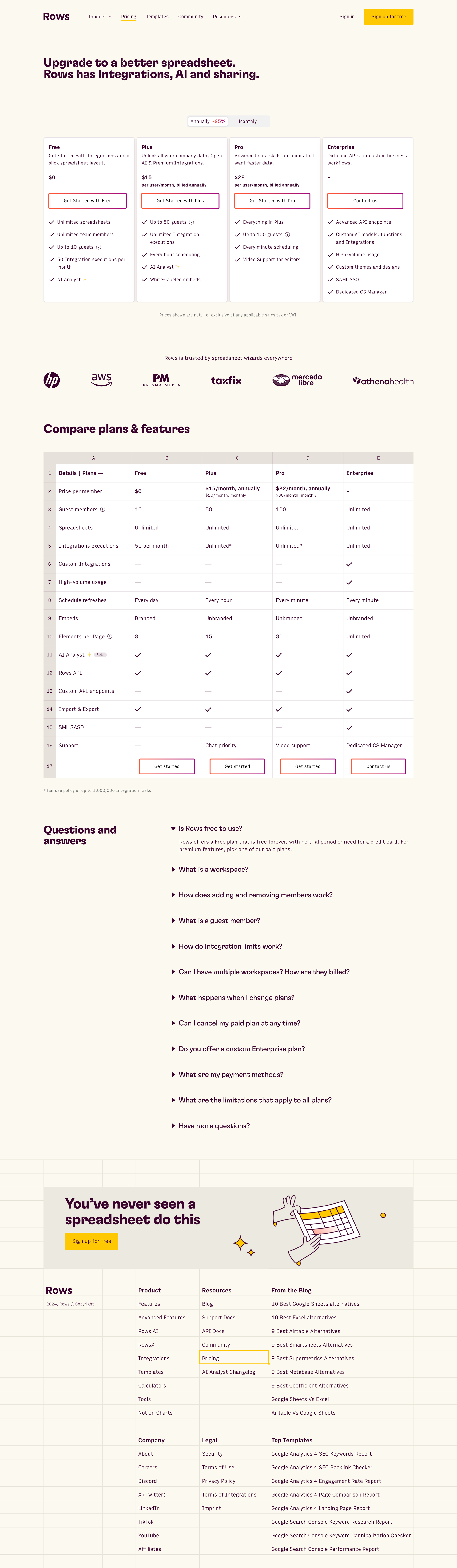 Rows - Rows Pricing Plans Free, Plus, Pro and Enterprise screen