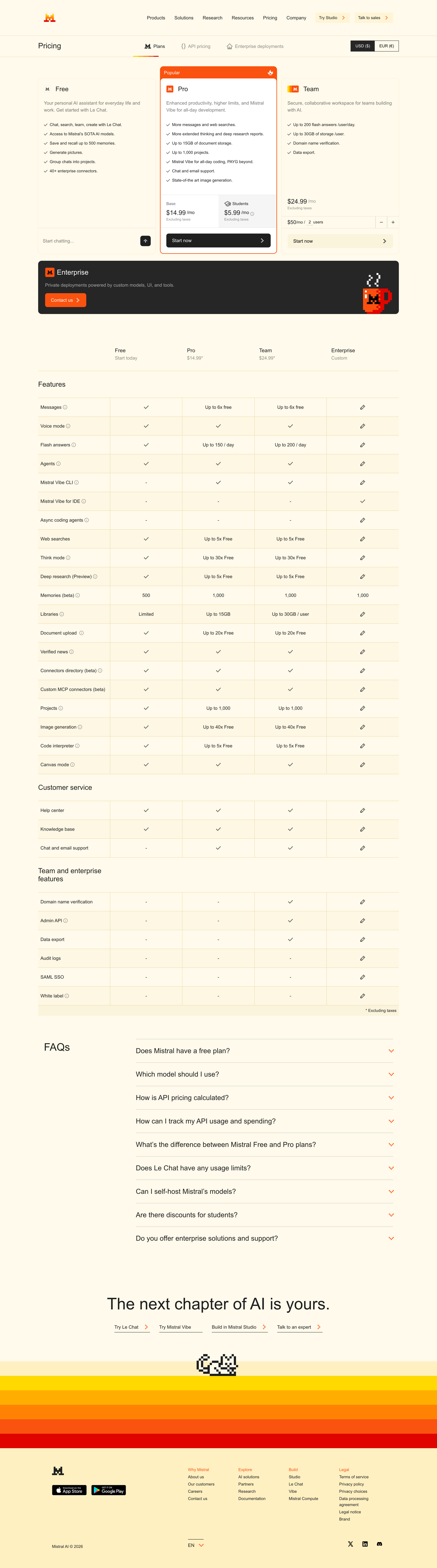 Mistral - Pricing Mistral AI screen
