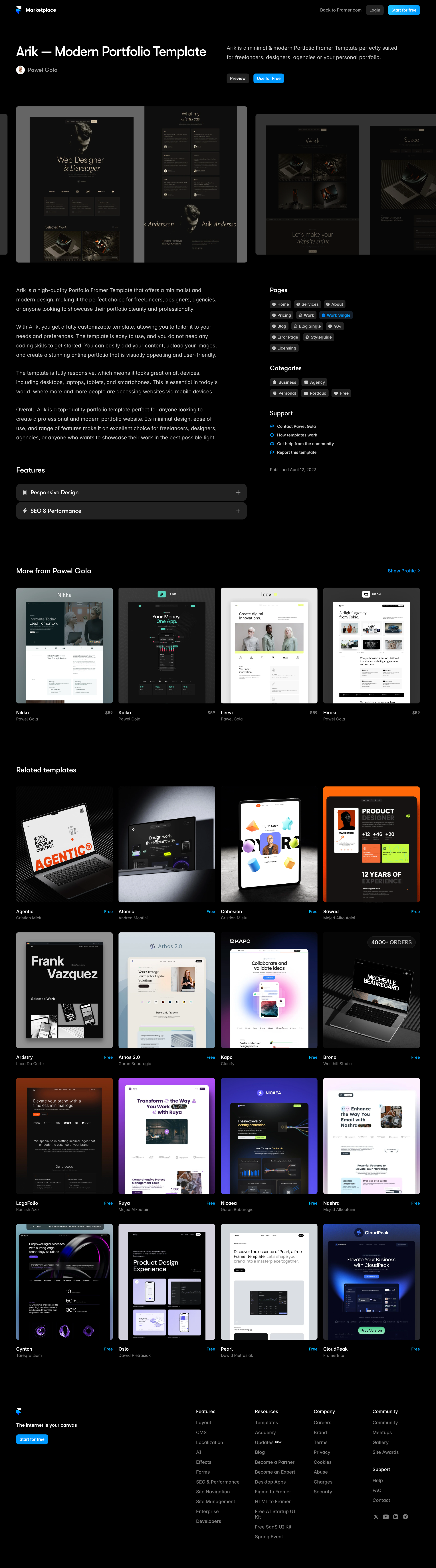 Framer - Arik — Modern Portfolio Template | Framer Marketplace screen