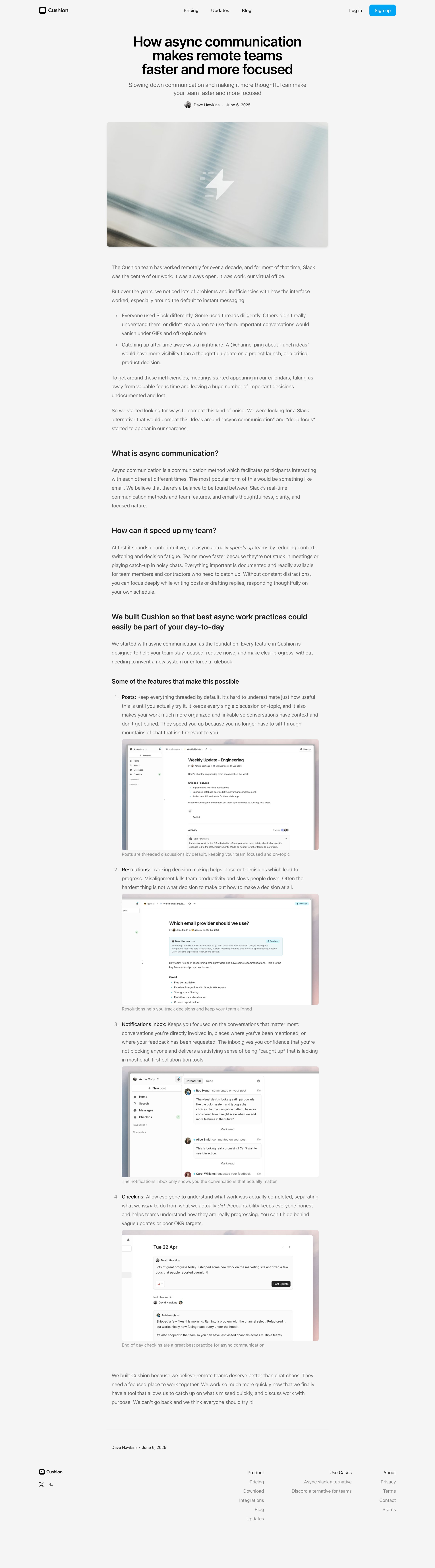 Cushion - How async communication makes remote teams faster and more focused Cushion Blog screen