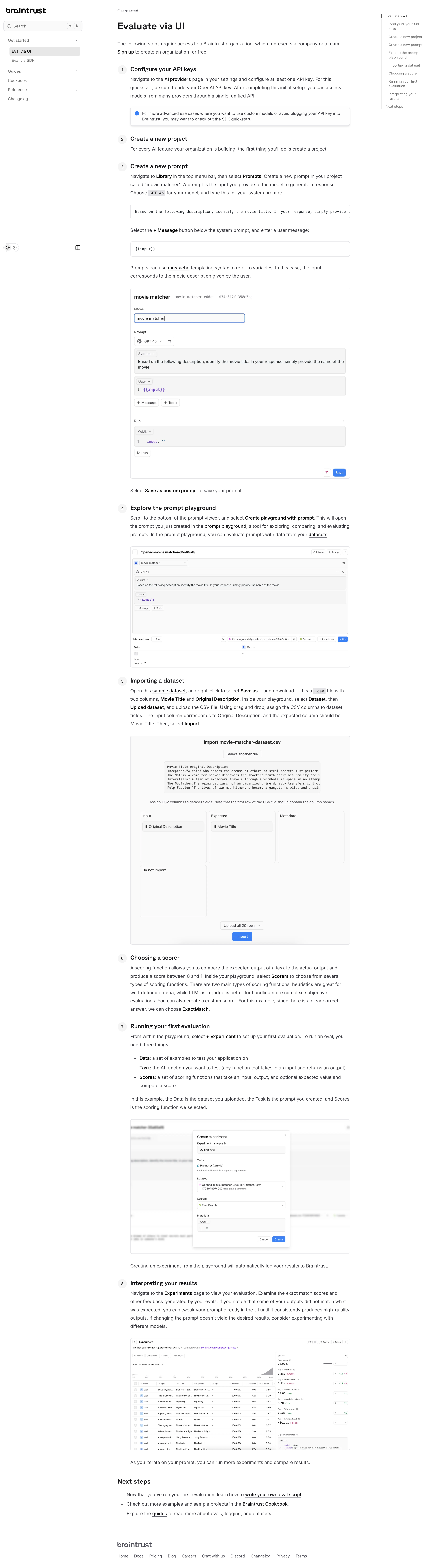 Braintrust - Eval via UI - Docs - Braintrust screen