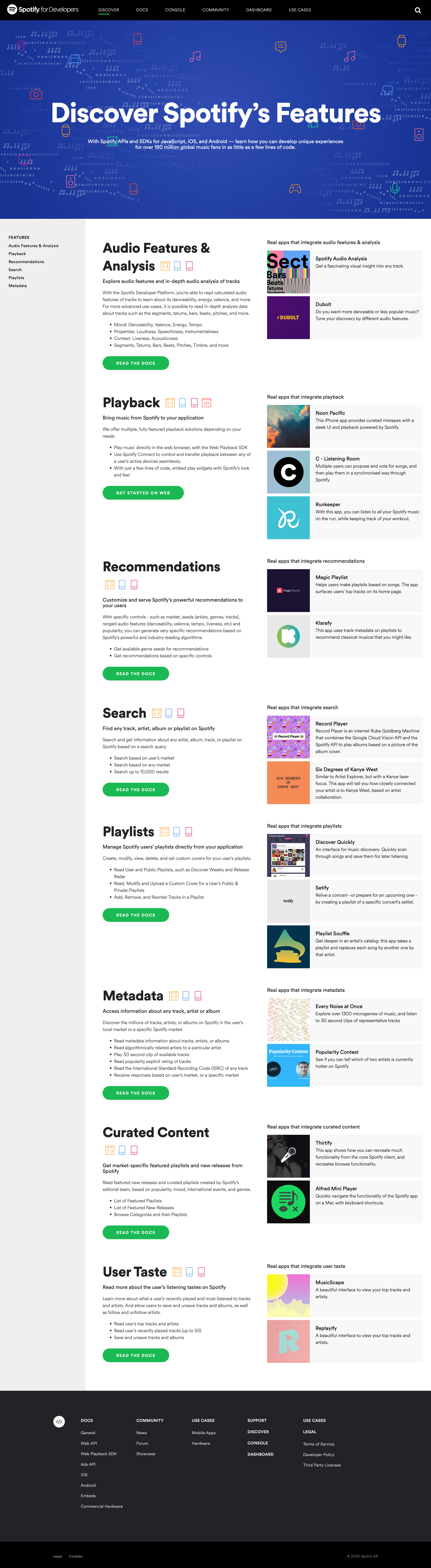 Spotify - Features | Spotify for Developers screen