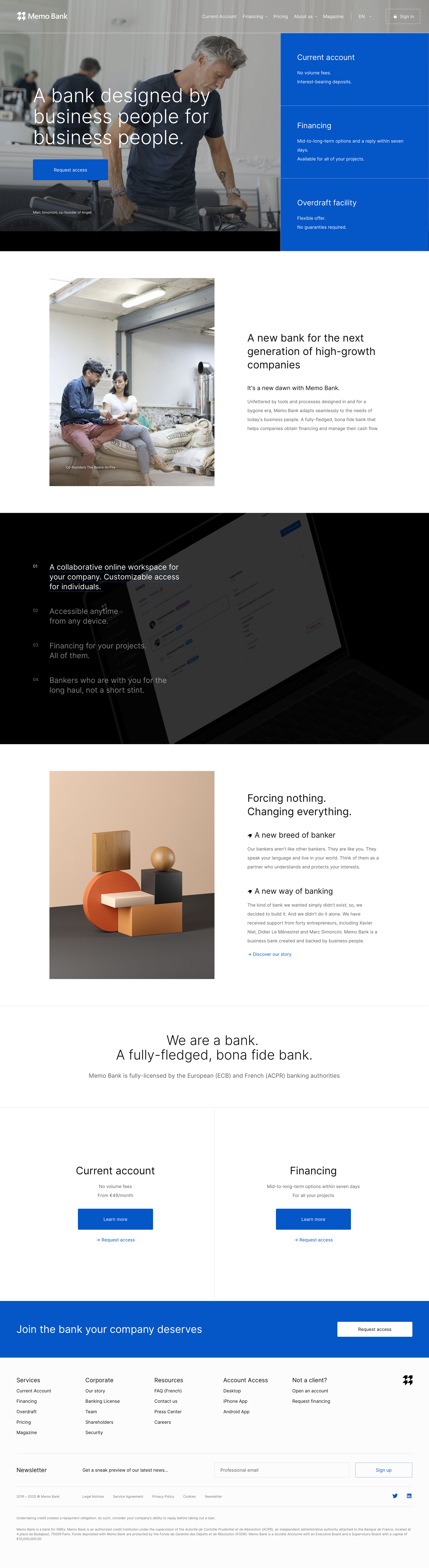 Landing page from Memo Bank