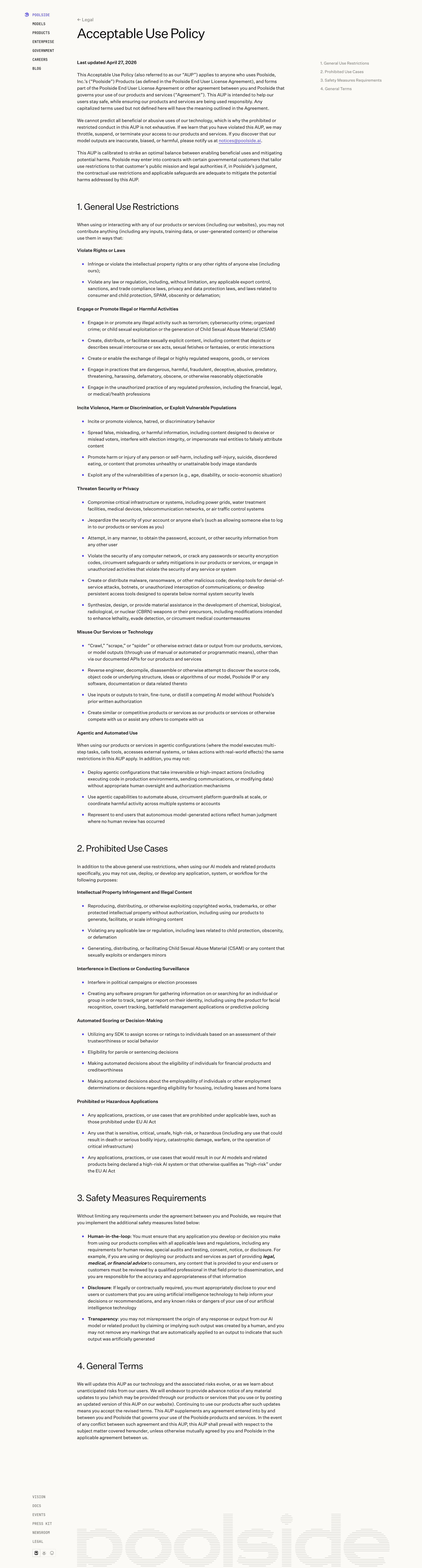 Poolside - Acceptable Use Policy — Poolside screen