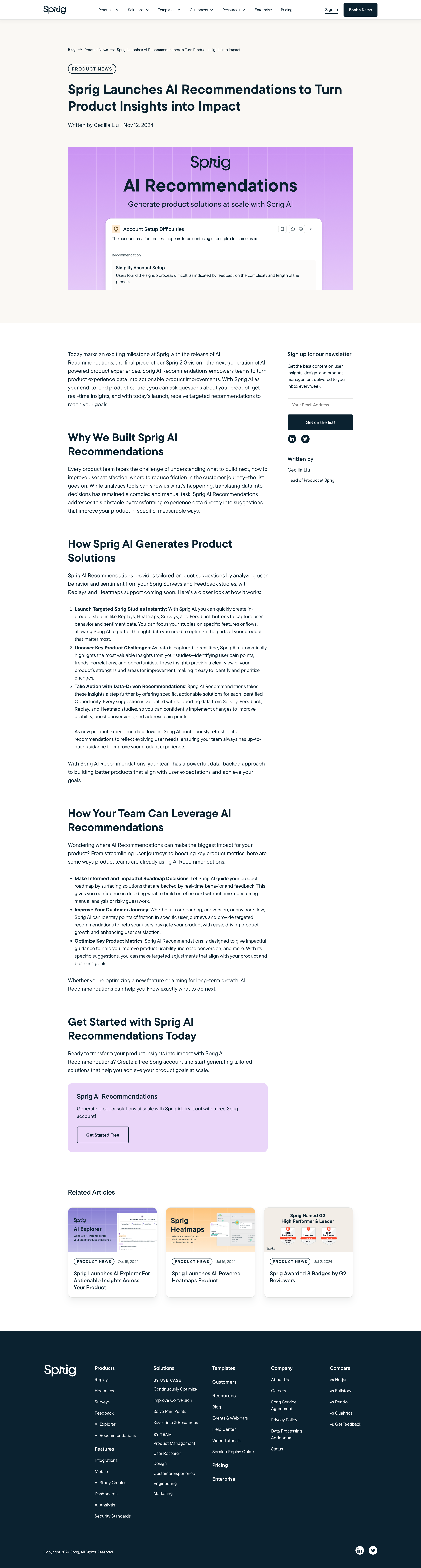 Sprig - Sprig Launches AI Recommendations to Turn Product Insights into I screen