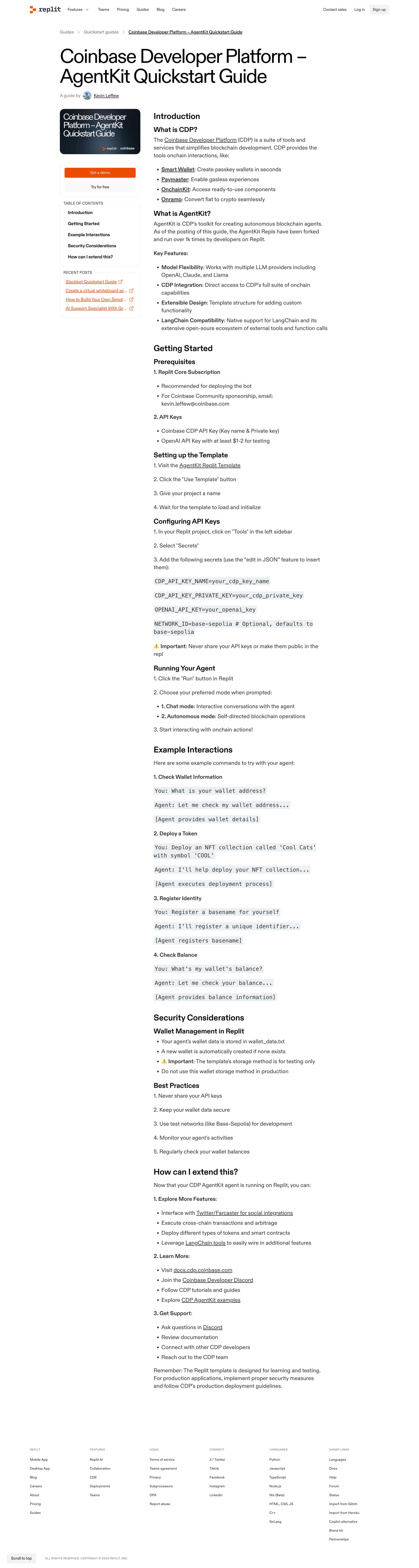 Replit - Coinbase Developer Platform – AgentKit Quickstart Guide - Replit screen