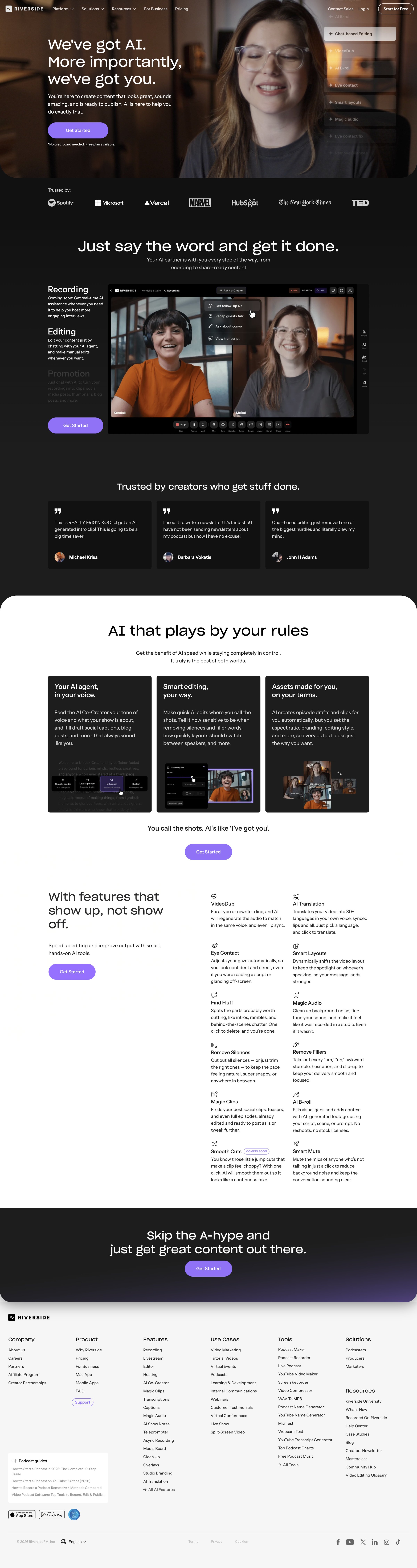 Riverside - Riverside AI features: Create high quality content fast with AI screen