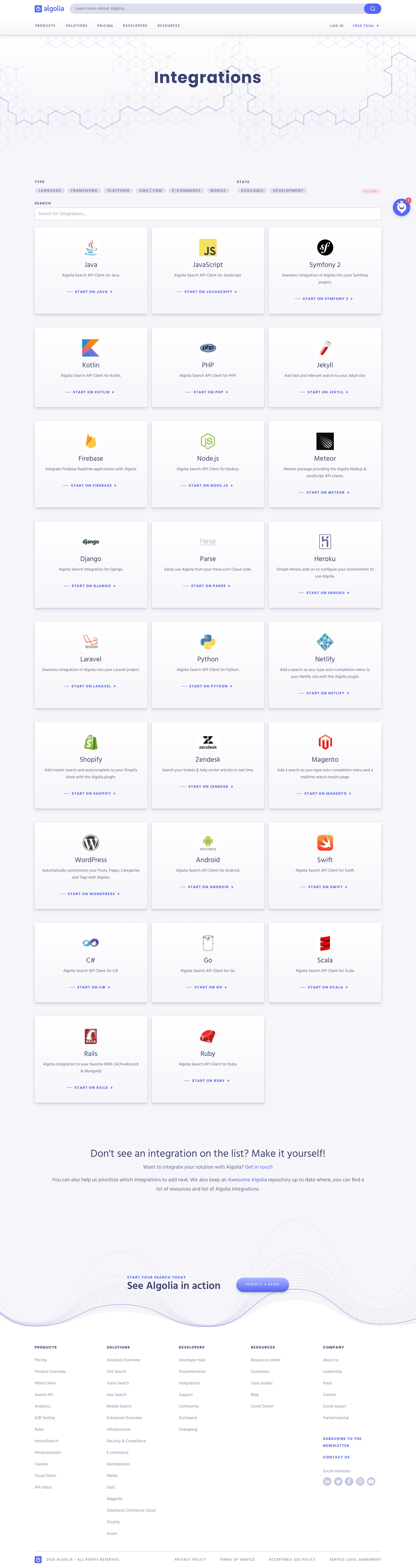 Algolia - Integrations screen