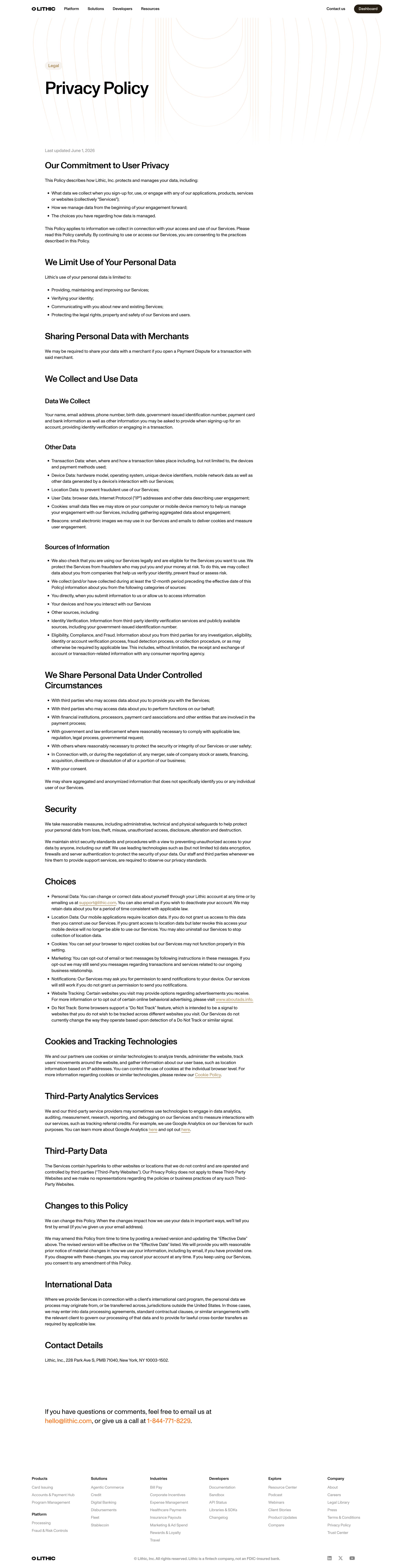 Lithic - Privacy Policy | Lithic screen