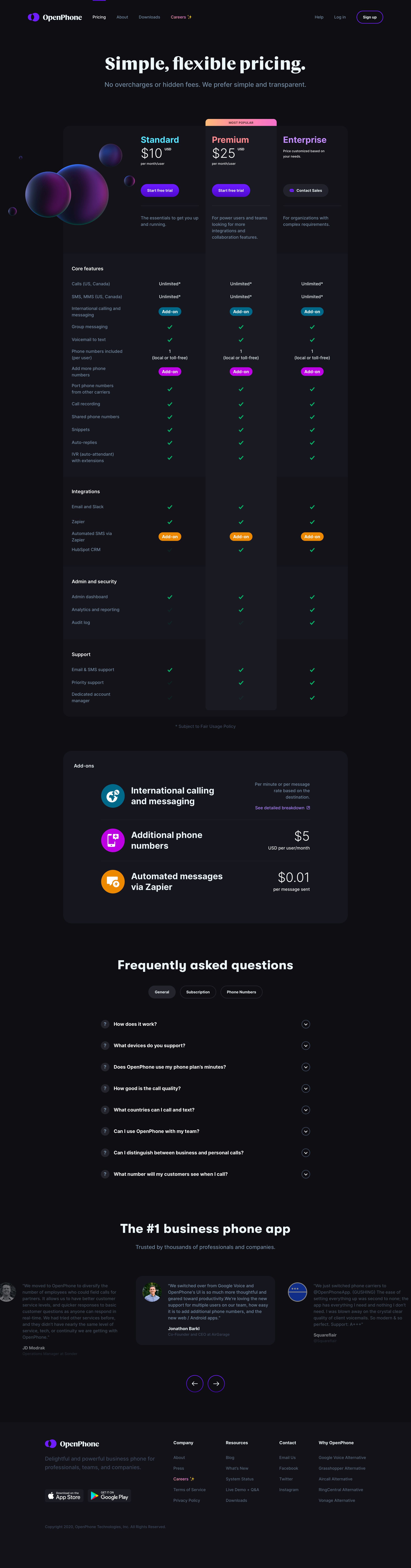 OpenPhone - Plans & pricing screen