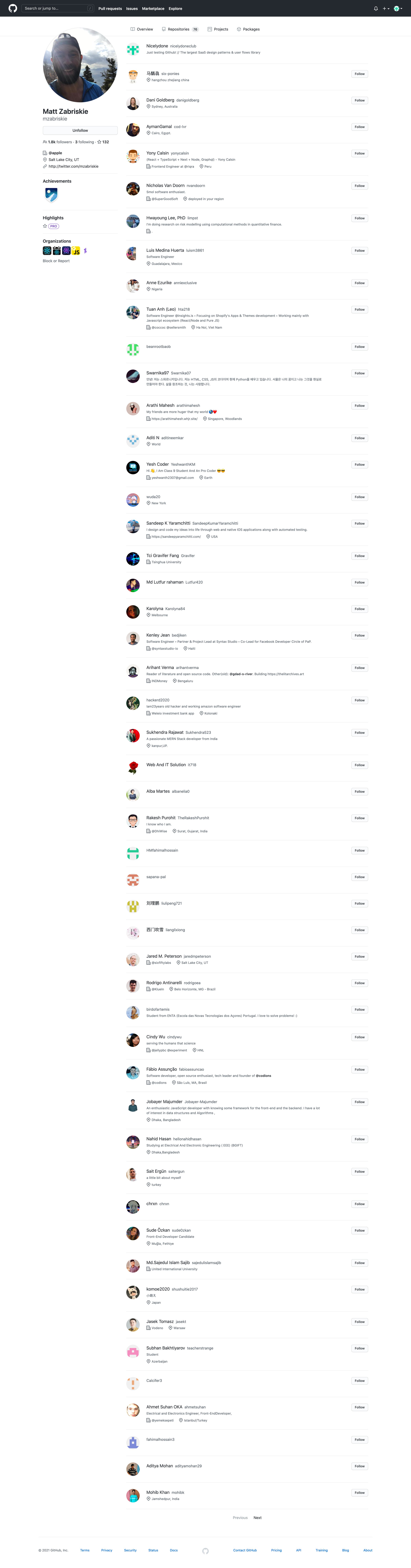 Github - mzabriskie Matt Zabriskie Followers screen