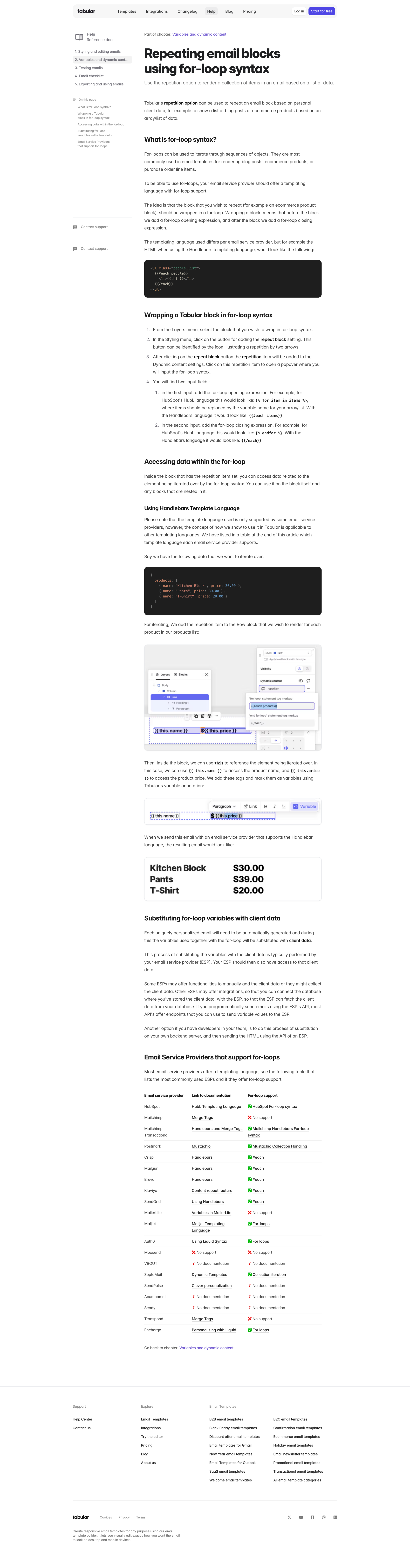 Tabular - Repeating email blocks using for-loop syntax screen