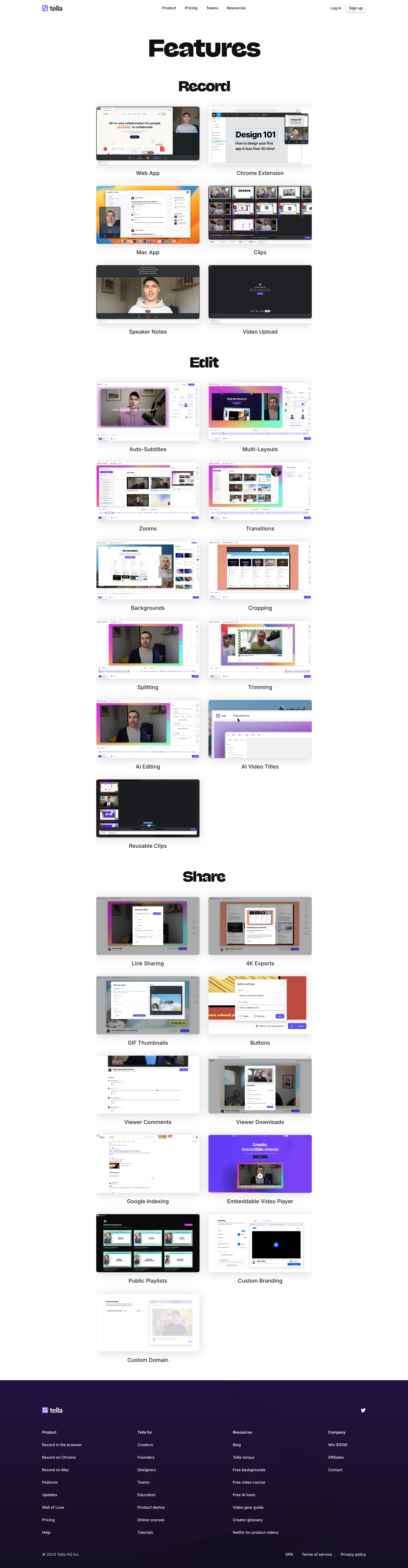 Tella - Tella — Features screen