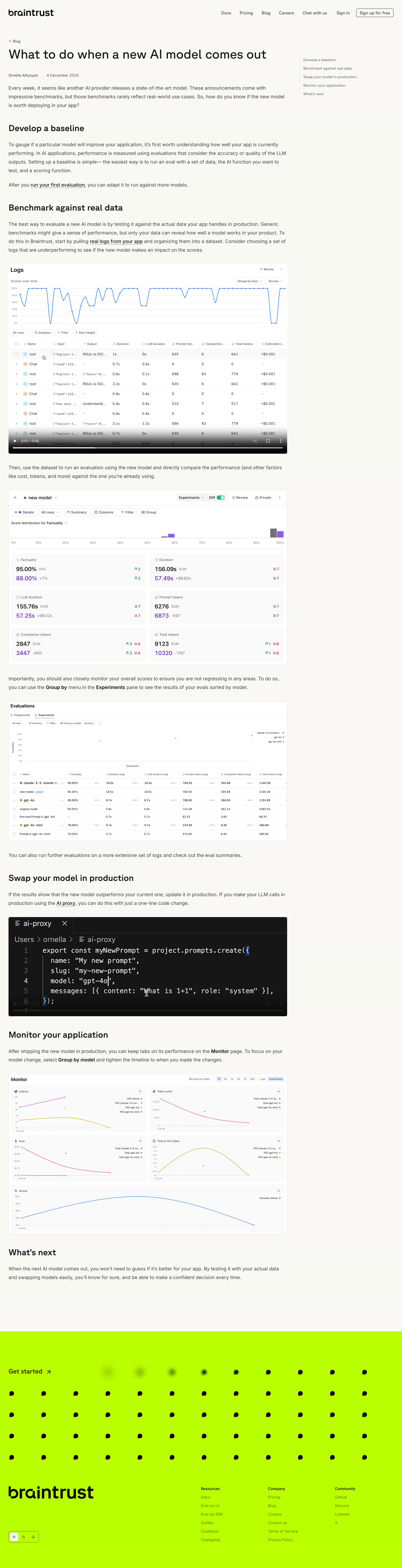 Braintrust - What to do when a new AI model comes out - Blog - Braintrust screen