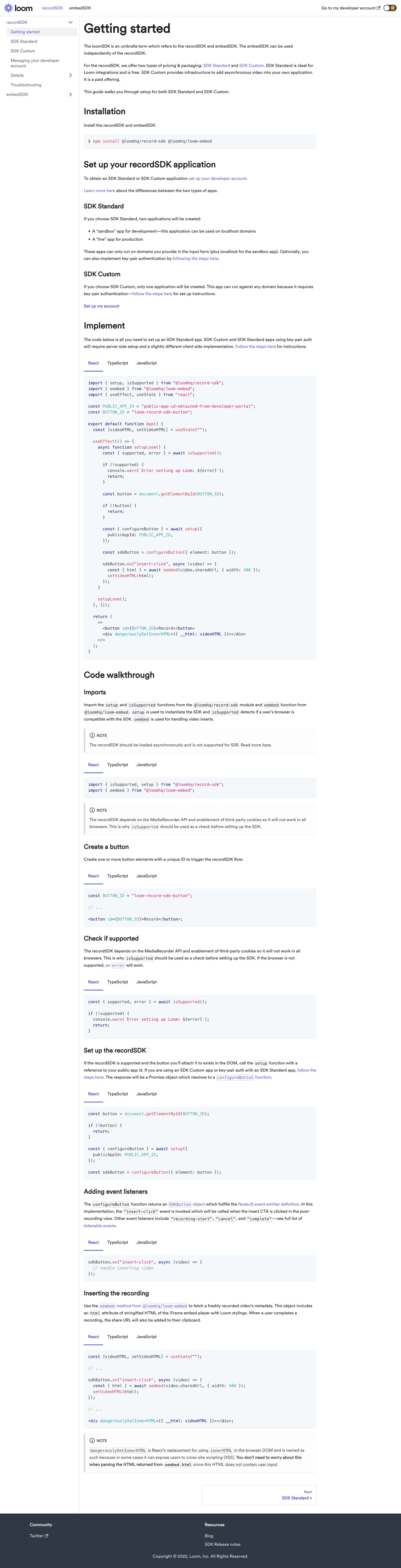Loom - Getting started | Developers Loom screen
