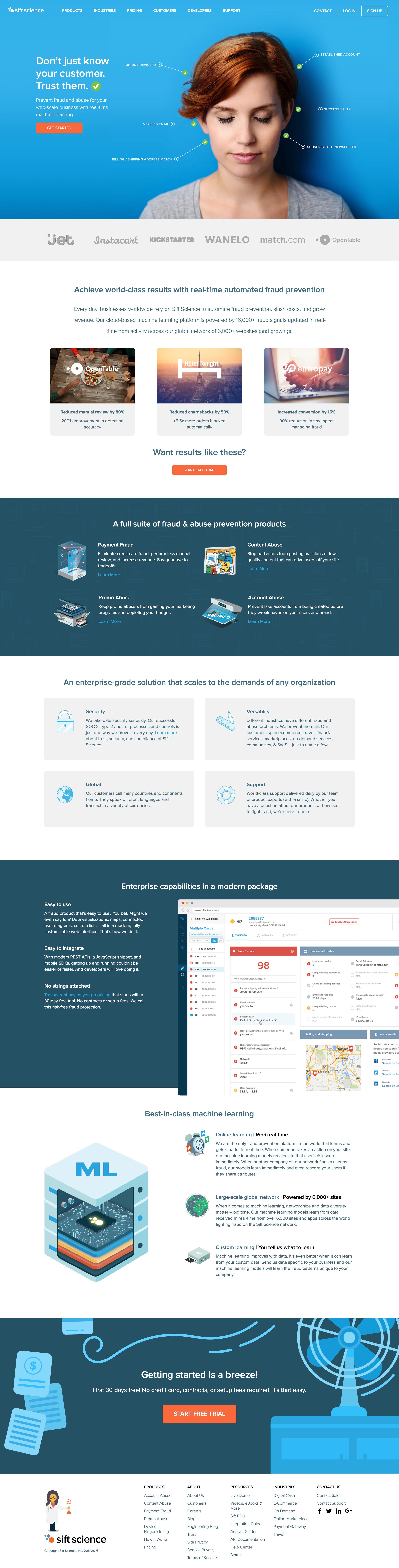 Sift science - Landing page screen