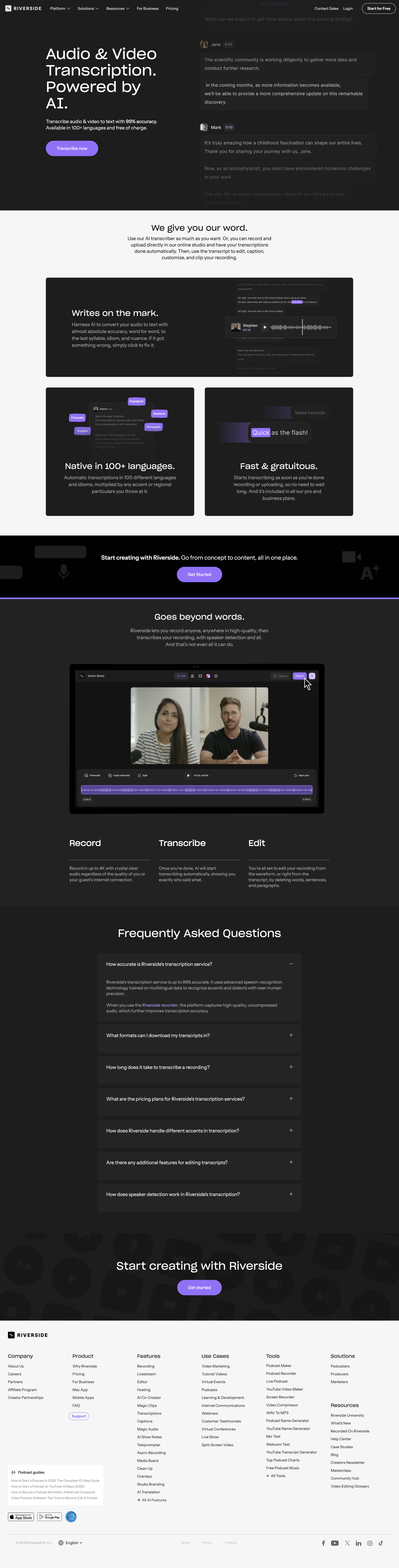Riverside - Free Audio & Video Transcriptions with 99% Accuracy | AI-Powered screen