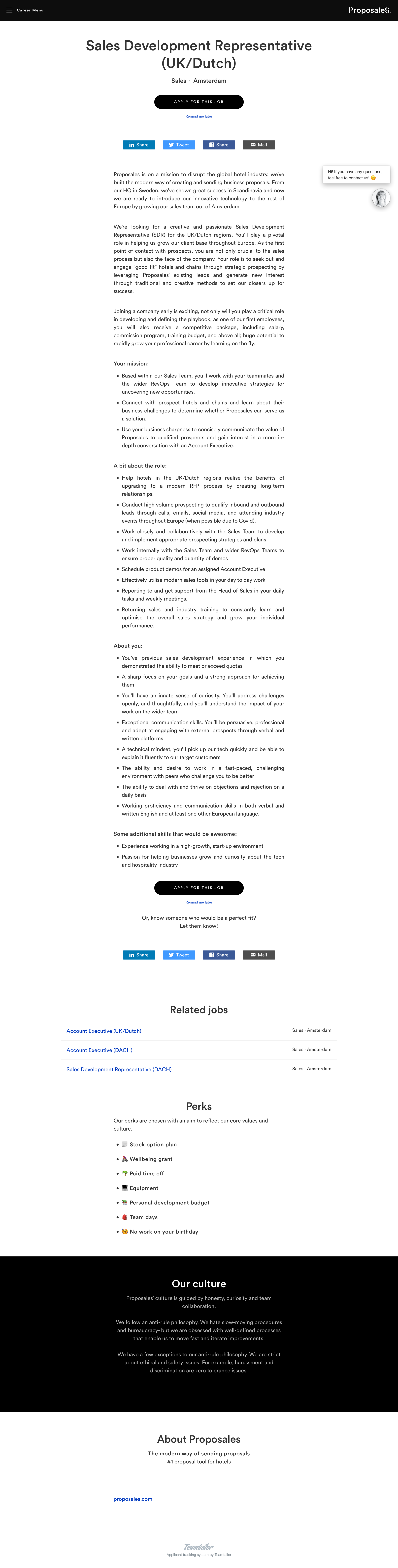 Proposales - Sales Development Representative (UK-Dutch) - Proposales screen