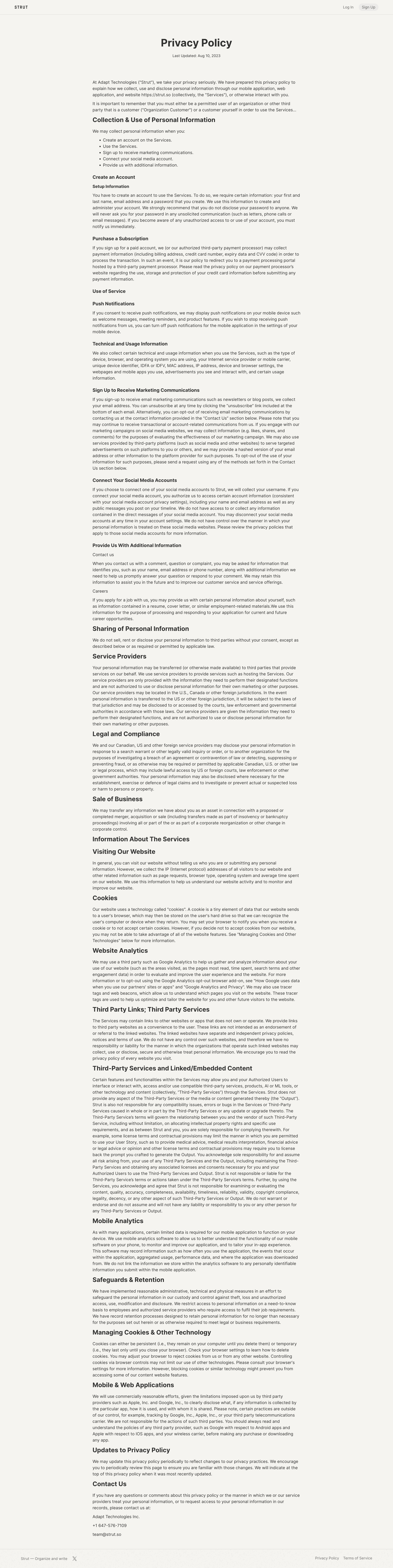 Strut - Privacy Policy screen