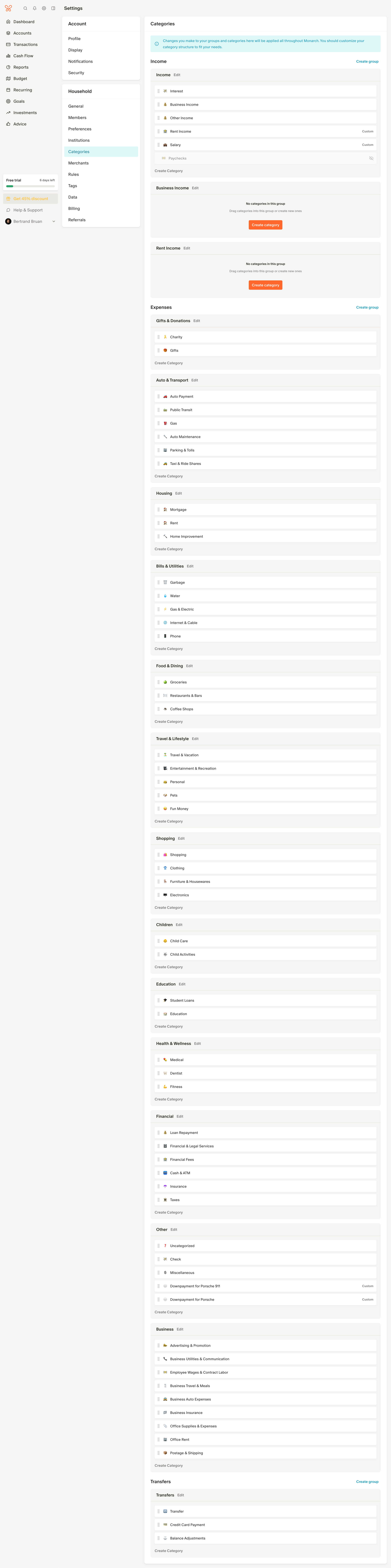Monarch - Category Settings screen