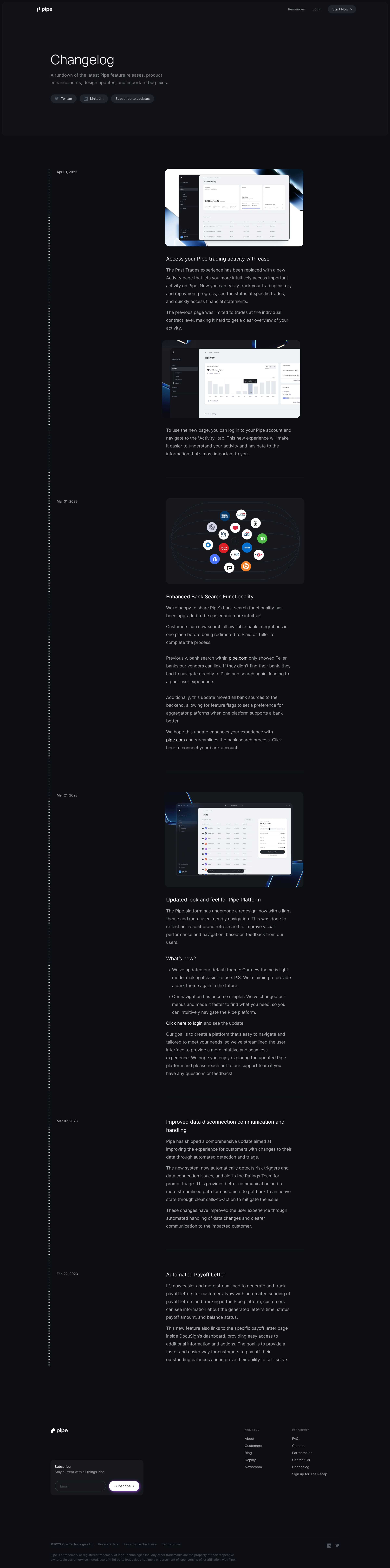 Pipe - Changelog | Pipe screen