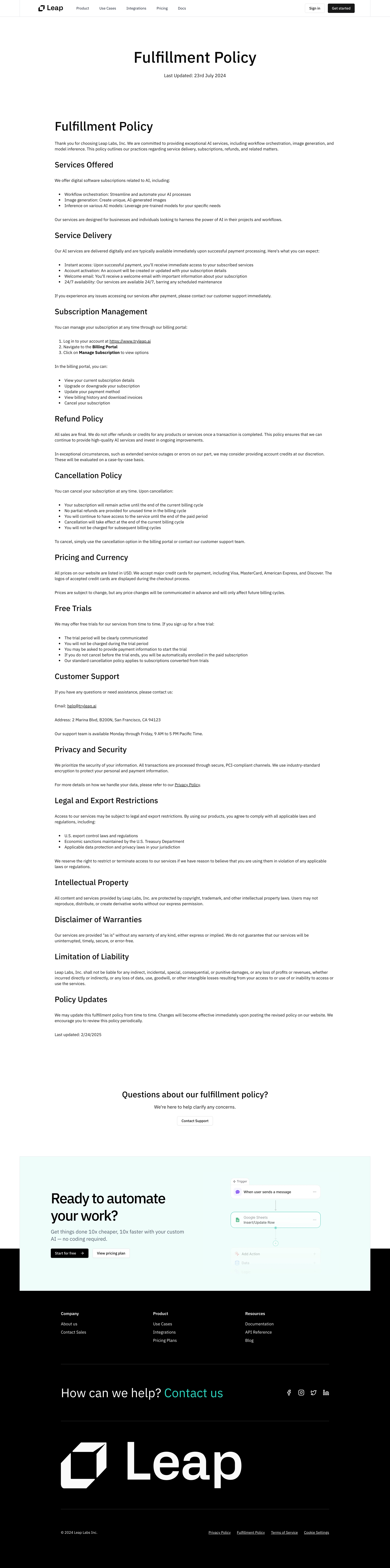 Leap - Fulfillment Policy | Leap AI screen