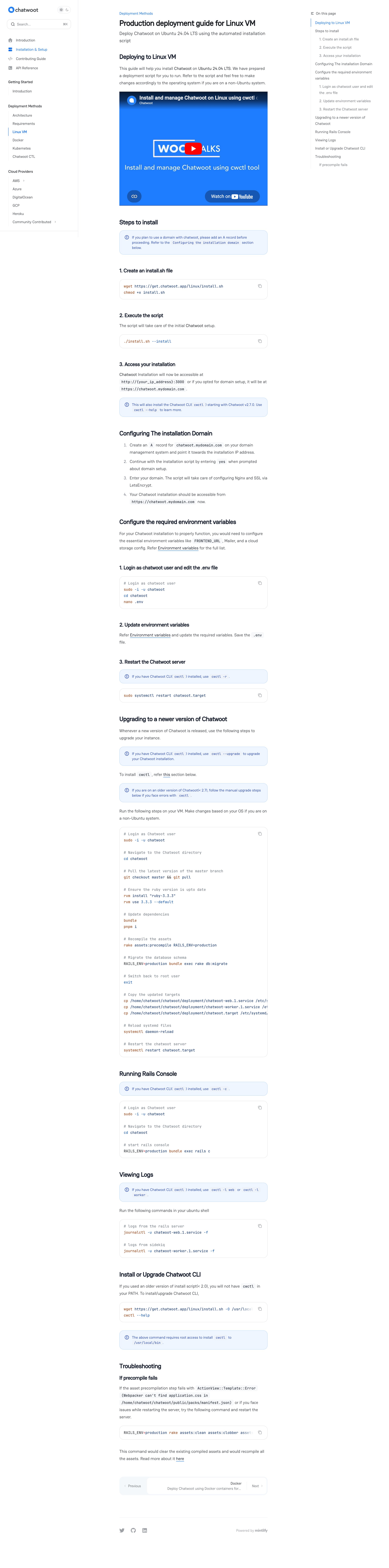 Chatwoot - Production deployment guide for Linux VM - Chatwoot Developer Docs screen