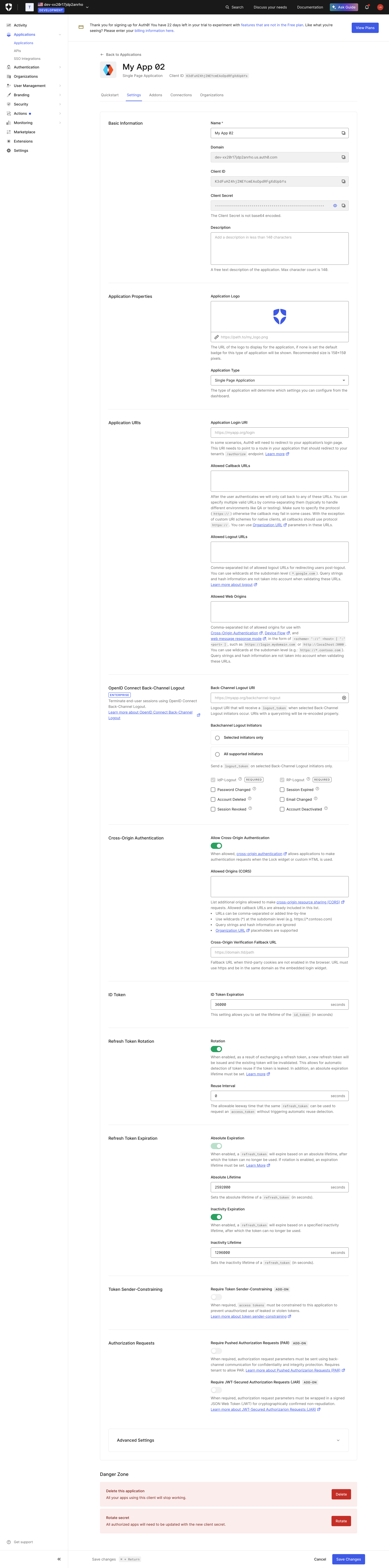 Auth0 - Application Details screen