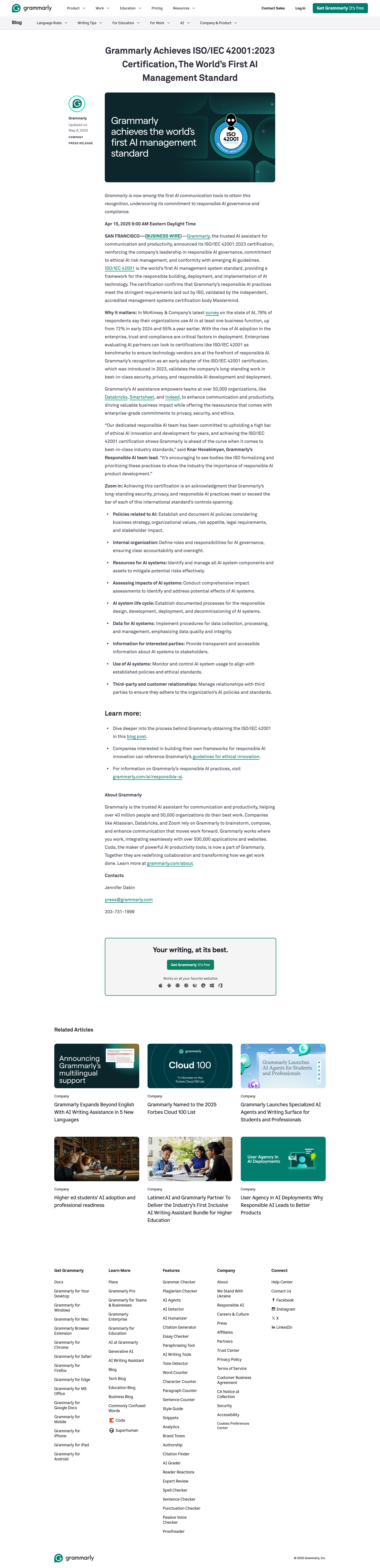 Grammarly - Grammarly Achieves ISOIEC 420012023 Certification, The World’s First AI Management Standard Grammarly screen