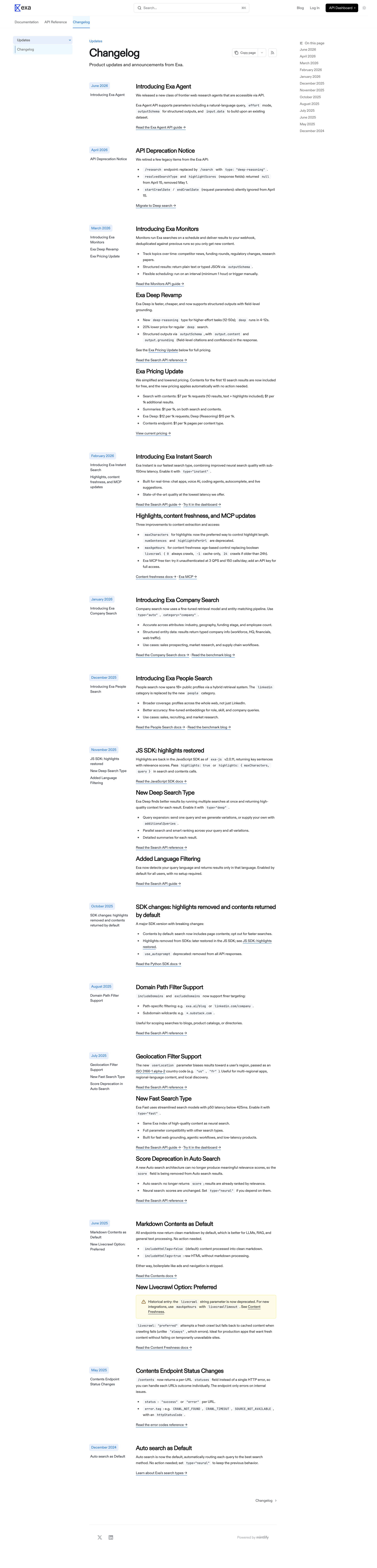 Exa - Changelog - Exa screen