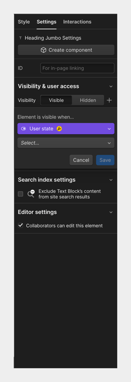 Webflow — Settings panel component