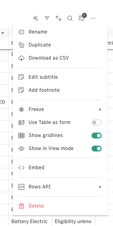 Rows — Dropdown menu component