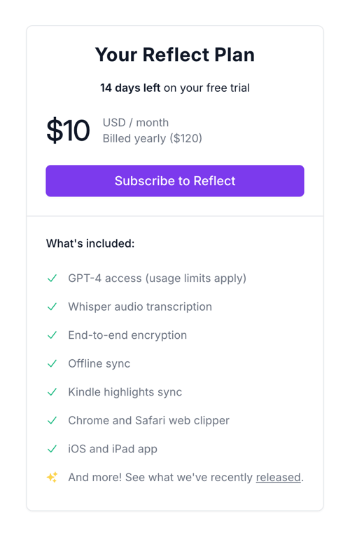 Reflect — Pricing section component