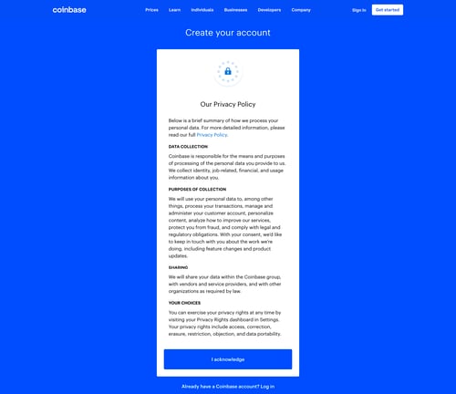 Coinbase
				signup page example