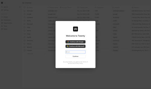 Twenty
				onboarding page example