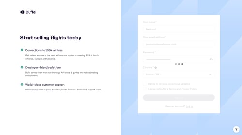 Duffel
				signup page example