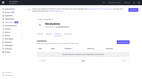 Auth0 viewing empty invitations list screen example