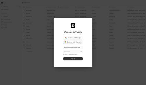 Twenty
				signup page example