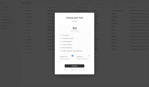 Twenty
				plans & pricing (in app) page example