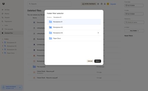 Dropbox
			modal screen data management file management file organization data filtering hierarchical navigation document list upgrade modal dropdown filters navigation menu navigation bar menu navigation links navigation buttons user termination date filter option menu search menu ux ui design